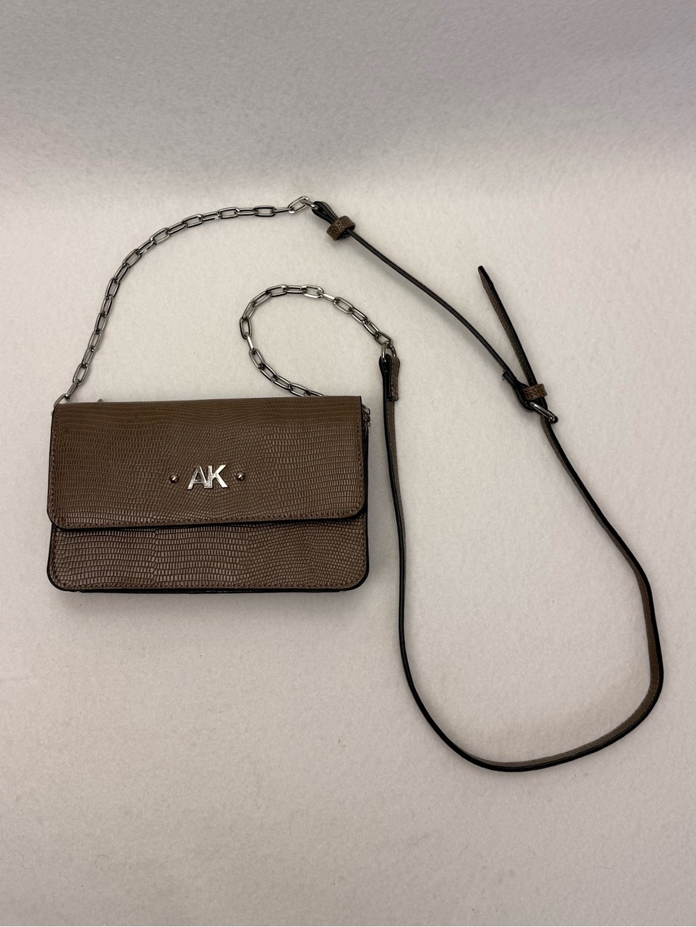 Anne Klein Wallet on a Chain Crossbody Khaki Lizard Embossed AK Logo